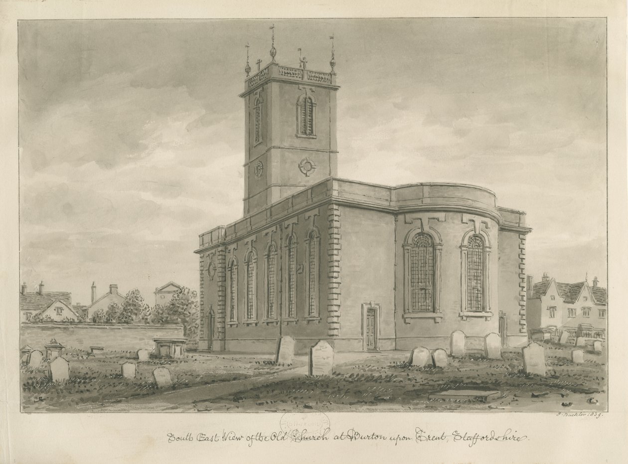 Burton-upon-Trent - Old Church: sepiateckning av John Buckler