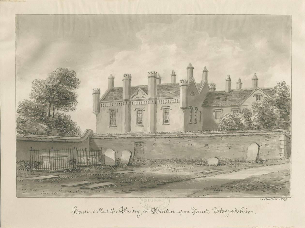 Burton-upon-Trent - Priory House: sepiateckning av John Buckler