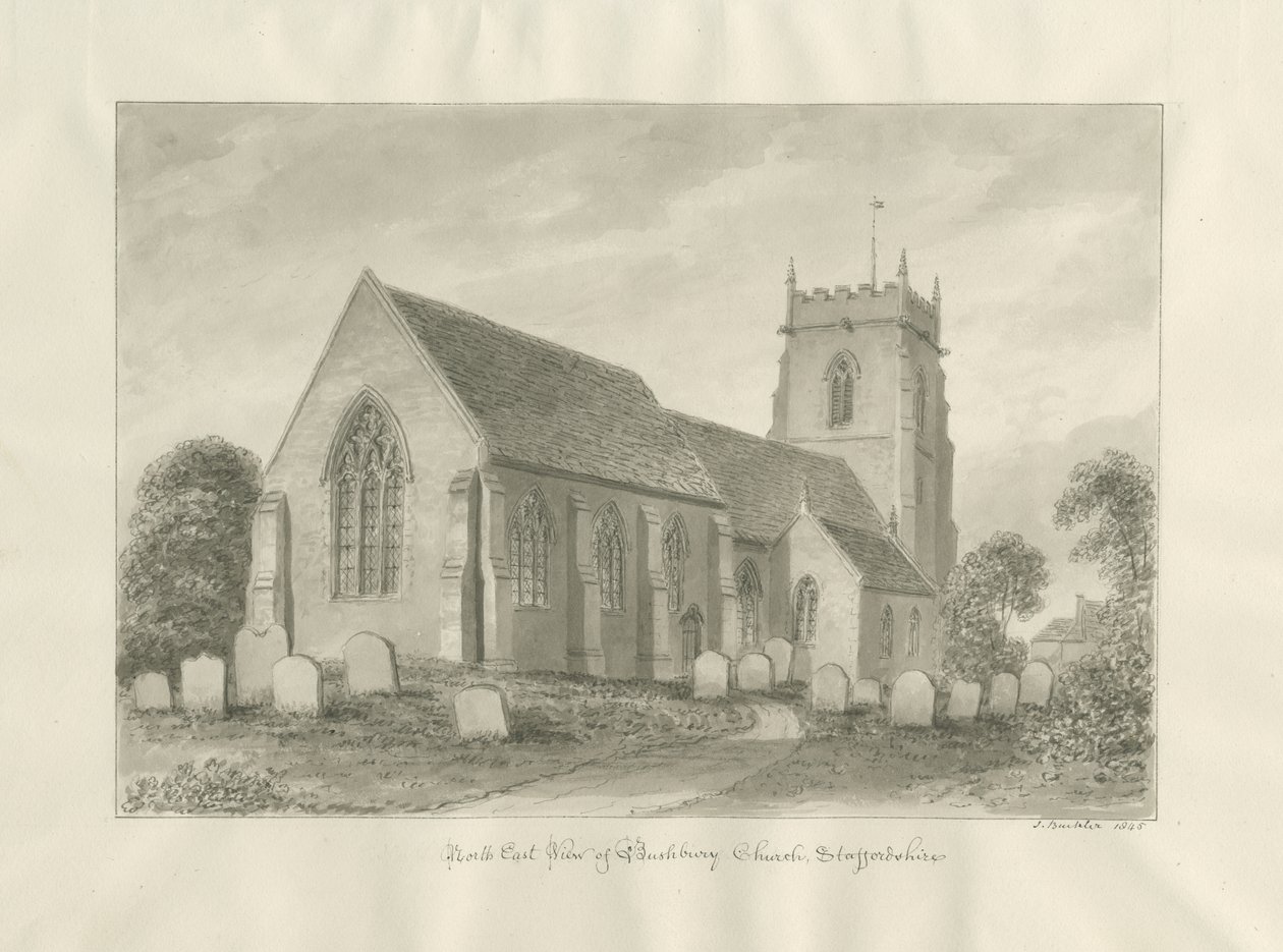 Bushbury Church: sepiateckning av John Buckler