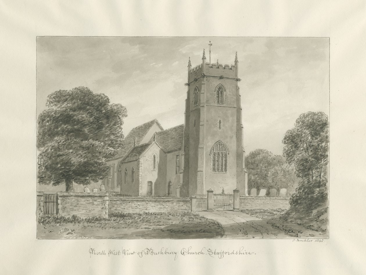 Bushbury Church: sepiateckning av John Buckler