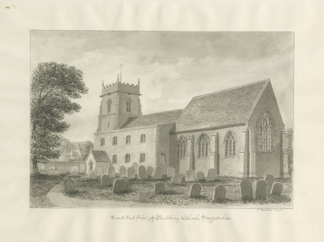 Bushbury Church: sepiateckning, 1845 av John Buckler