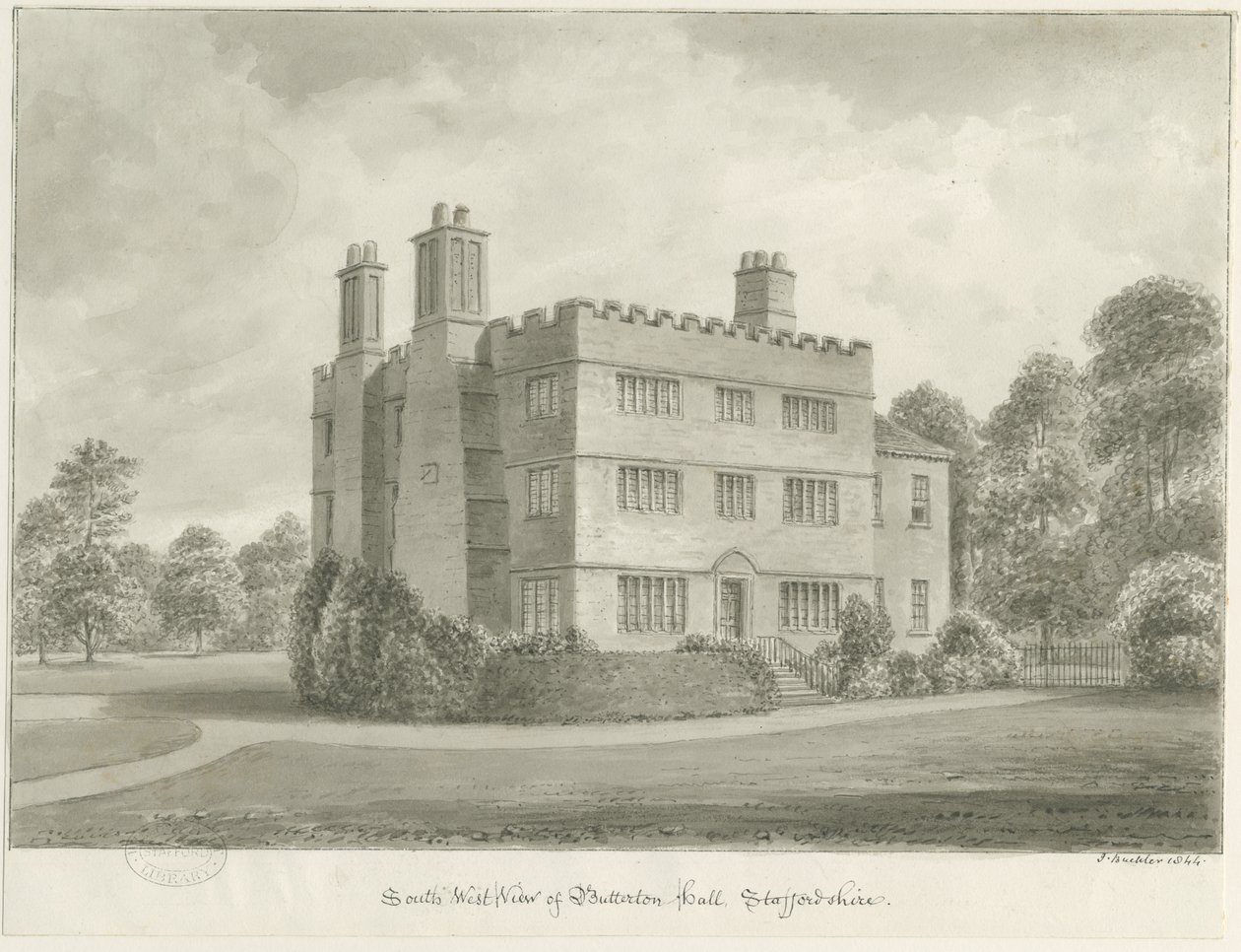 Butterton Hall: sepiateckning, 1844 av John Buckler