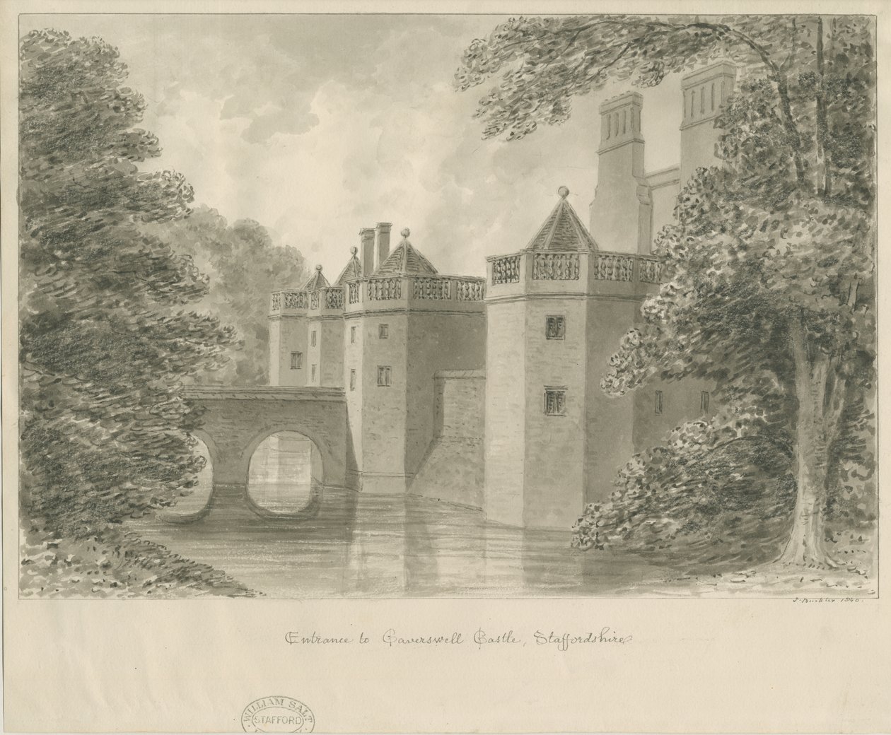 Caverswall Castle: sepiateckning, 1840 av John Buckler