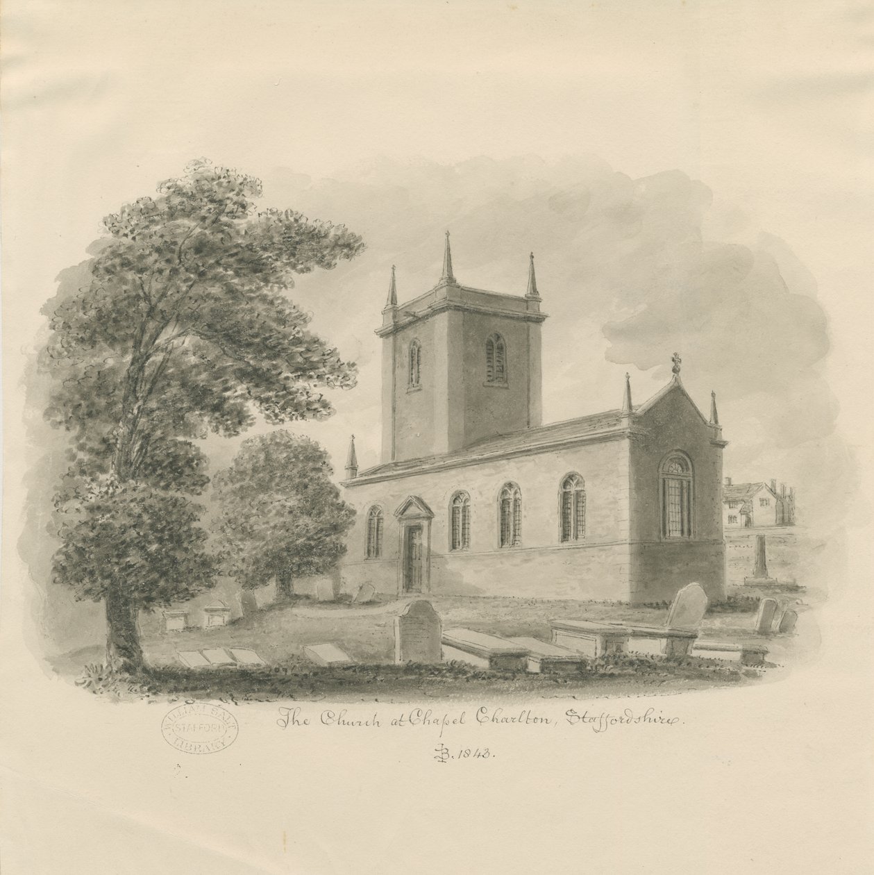 Chapel Chorlton Church: sepiateckning av John Buckler