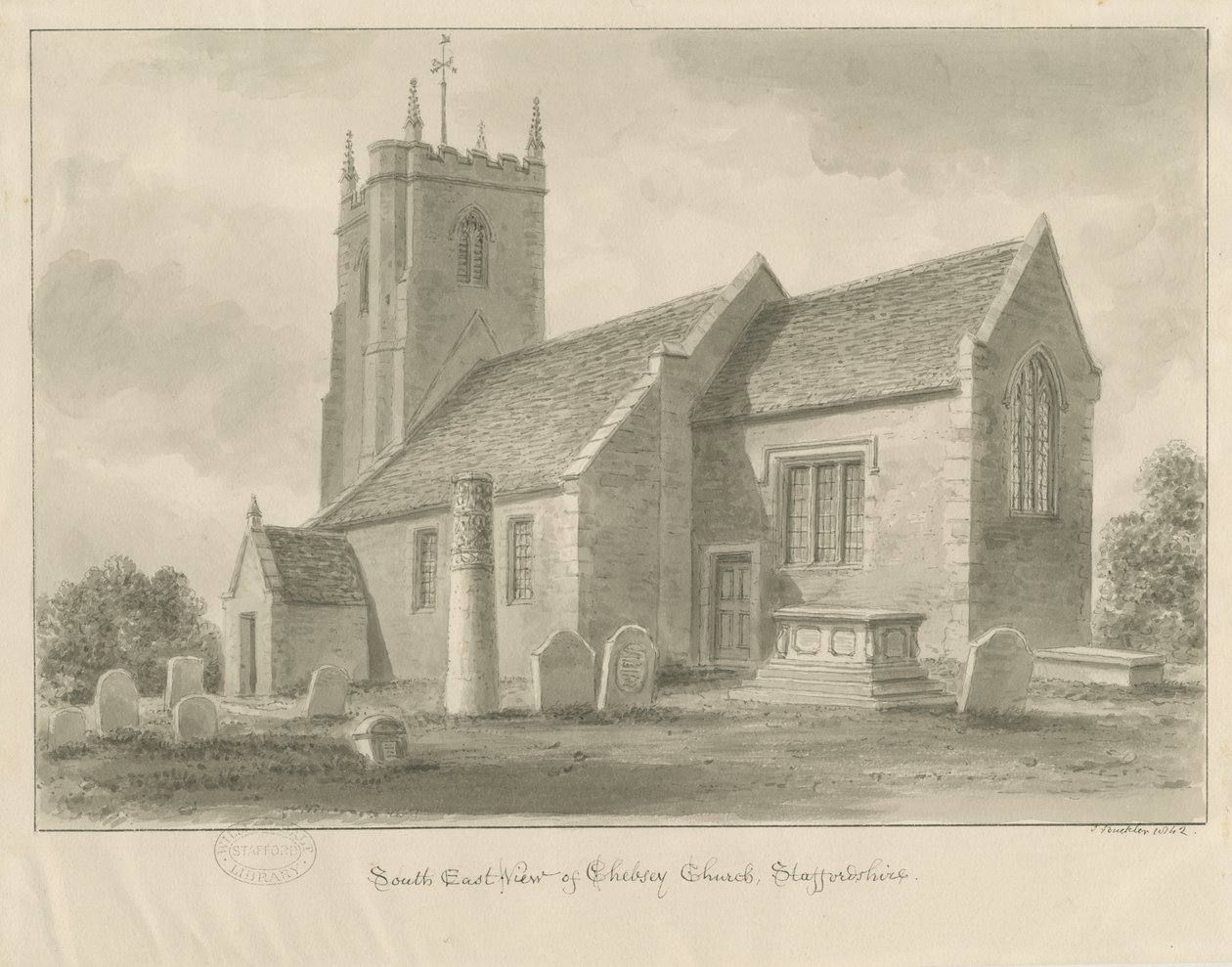 Chebsey Church: sepiateckning av John Buckler