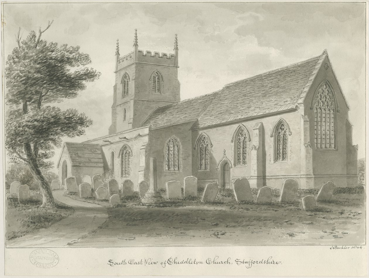 Cheddleton Church: sepiateckning av John Buckler