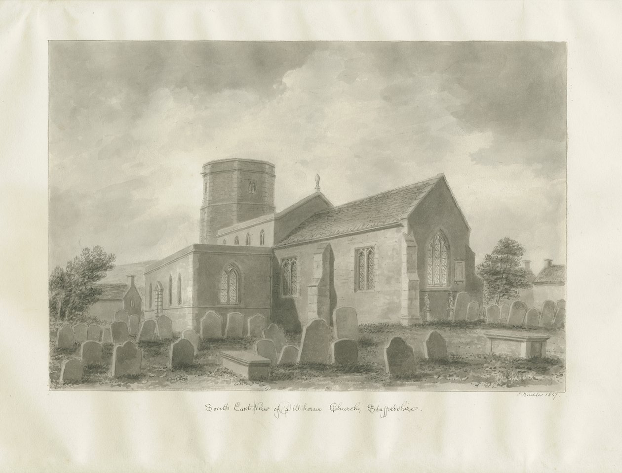 Dilhorne kyrka: sepiateckning av John Buckler