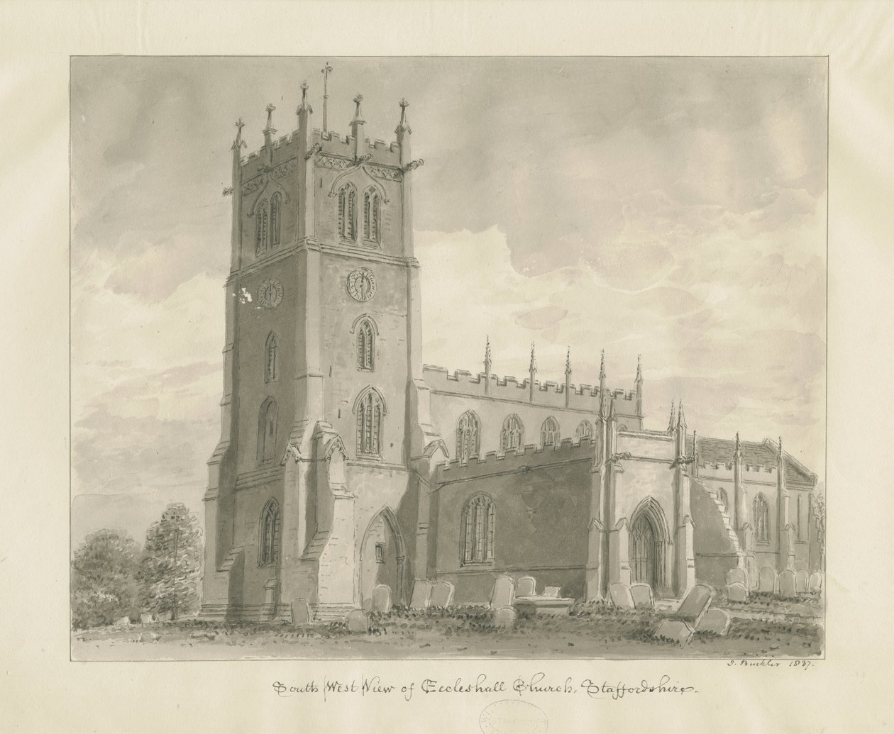 Eccleshall kyrka: sepiateckning av John Buckler