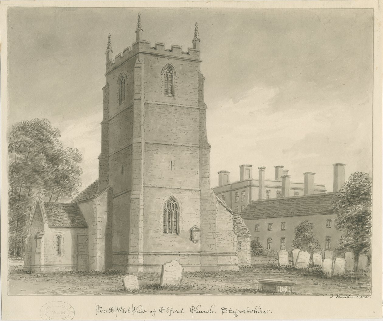 Elford Church: sepiateckning, 1838 av John Buckler
