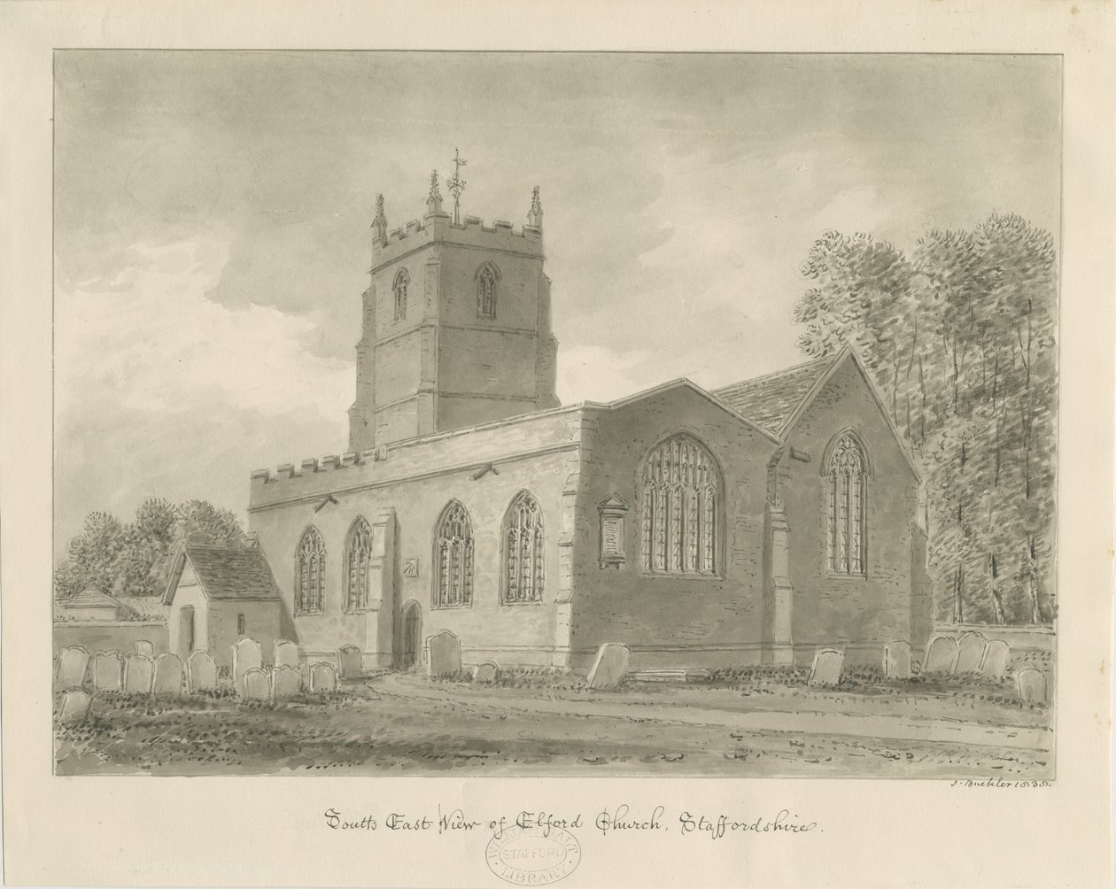 Elford Church: sepiateckning, 1838 av John Buckler