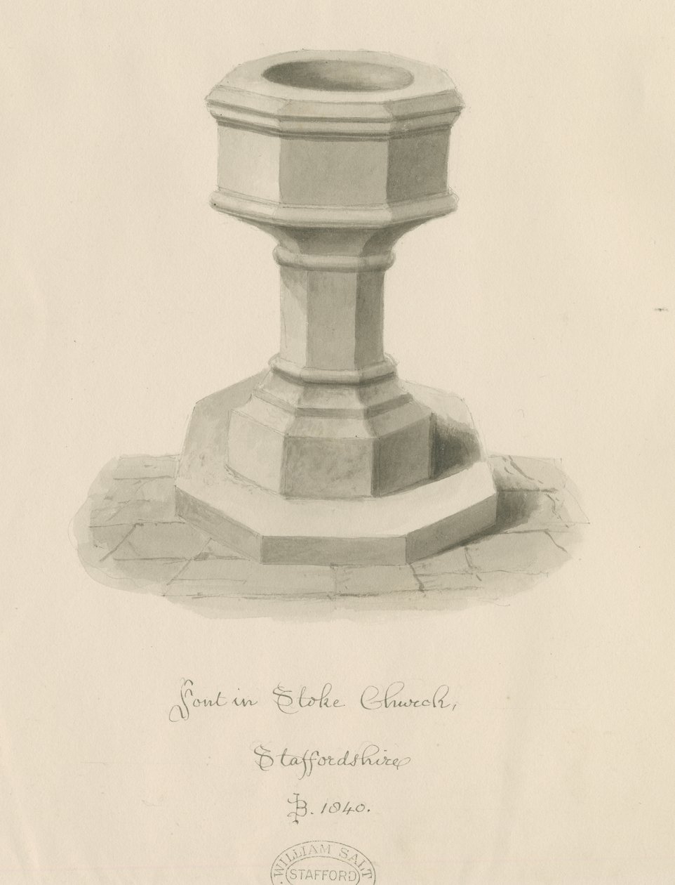 Font Stoke-upon-Trent Church: sepiateckning av John Buckler