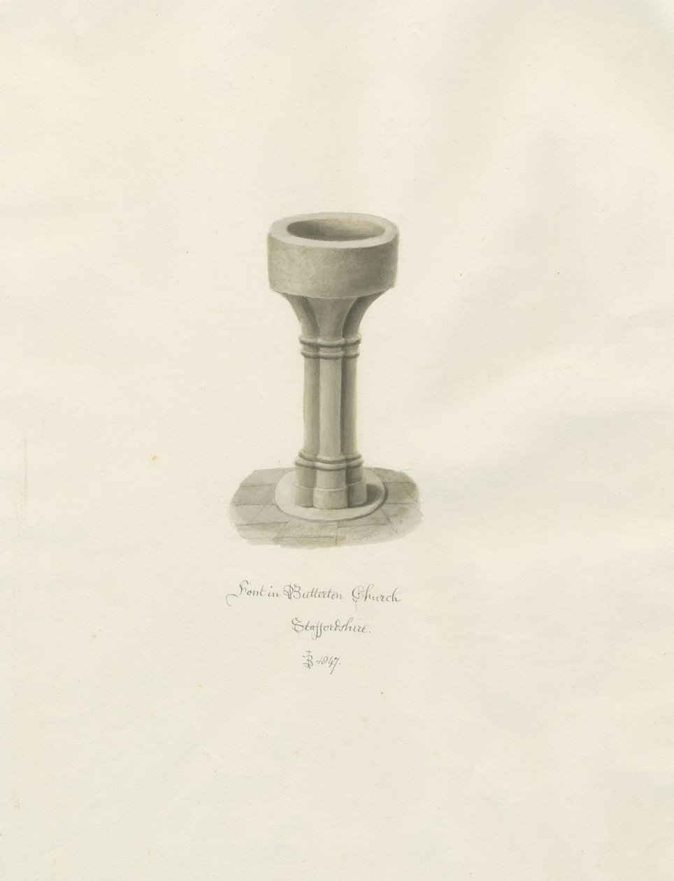 Typsnitt i Butterton Church: sepiateckning av John Buckler
