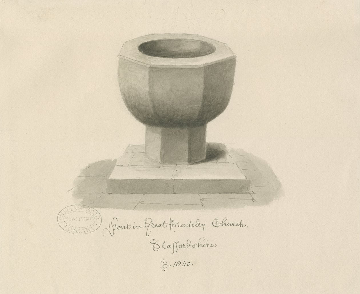 Typsnitt i Madeley Church: sepiateckning av John Buckler