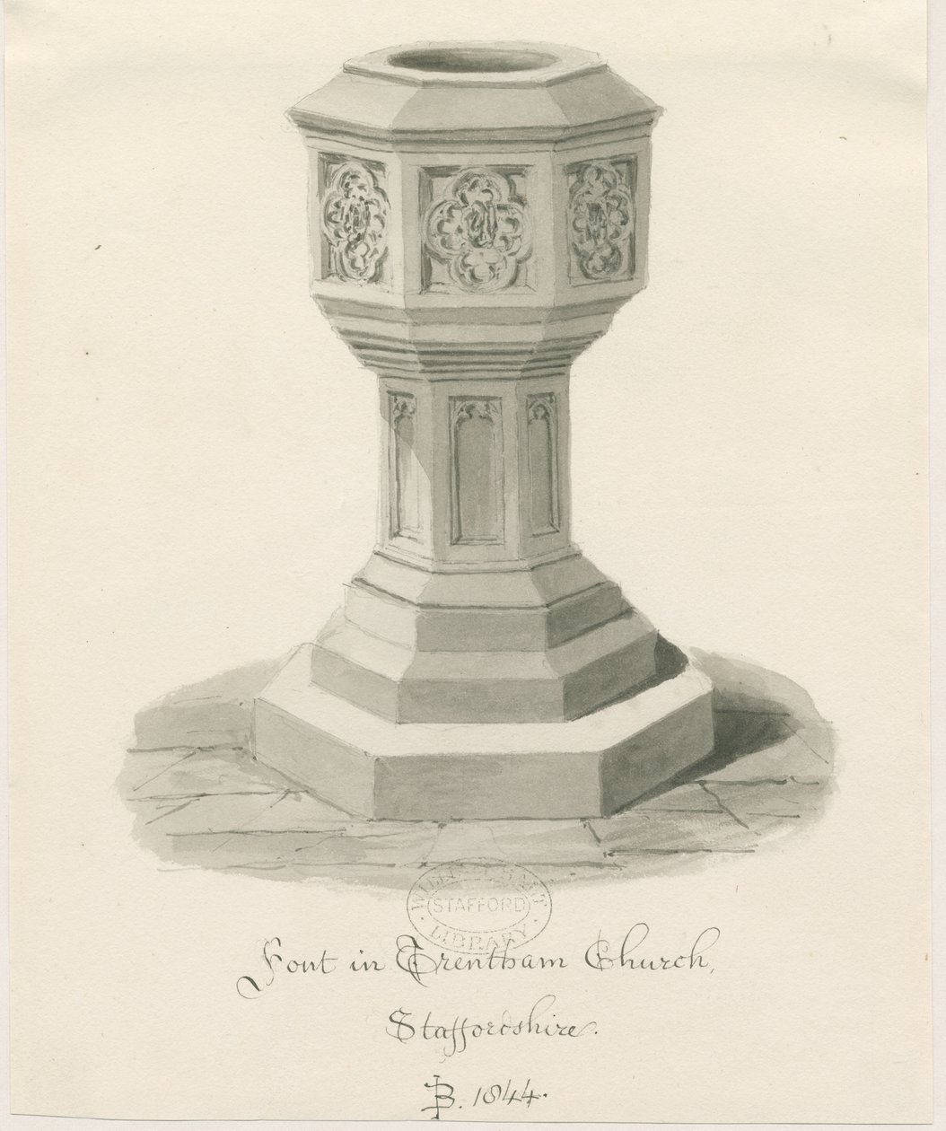 Typsnitt i Trentham Church: sepiateckning, 1844 av John Buckler