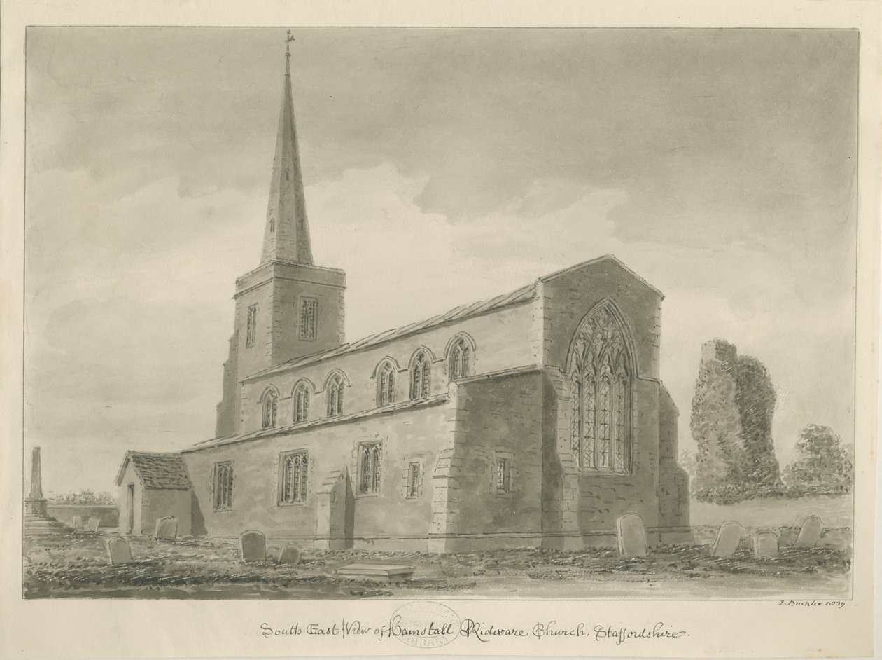 Hamstall Ridware Church: sepiateckning av John Buckler