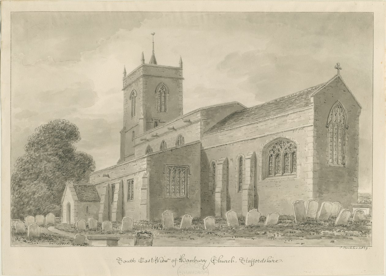 Hanbury Church: sepiatvättteckning av John Buckler