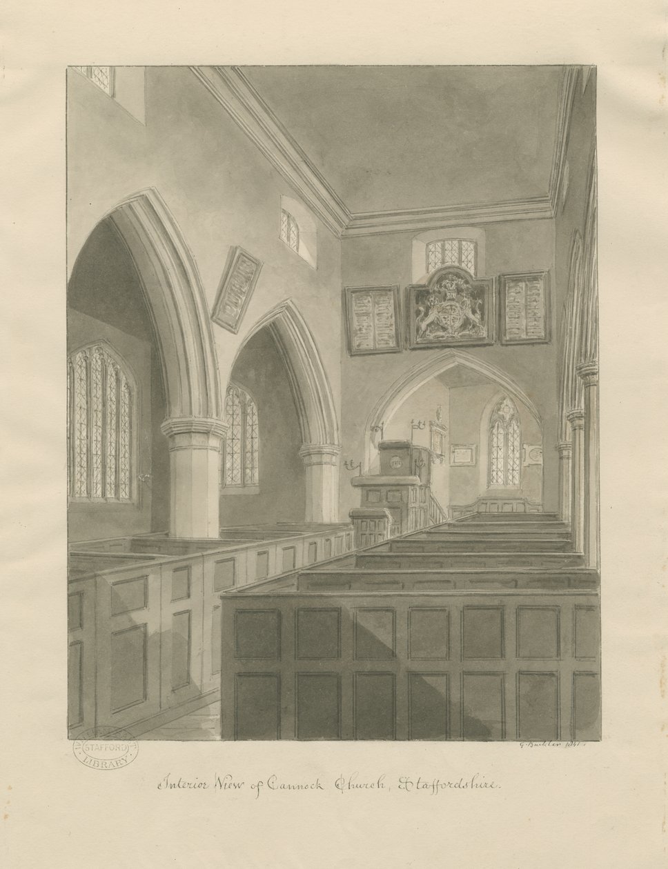 Interiör av Cannock Church: sepiateckning av John Buckler