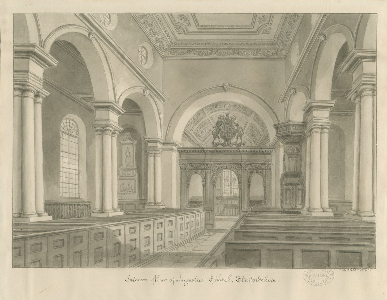 Interiör av Ingestre kyrka: sepiateckning av John Buckler