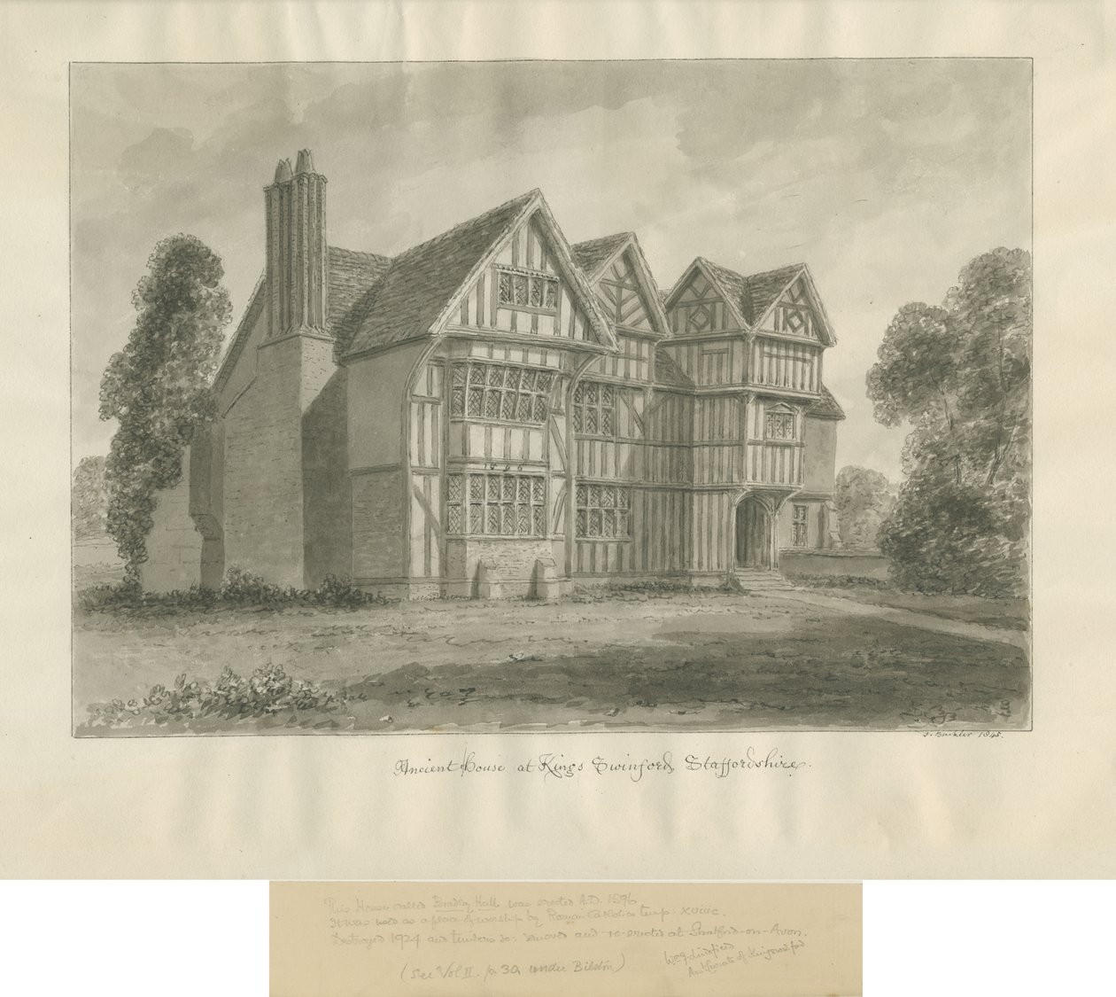 Kingswinford - Bradley Hall: sepiateckning av John Buckler