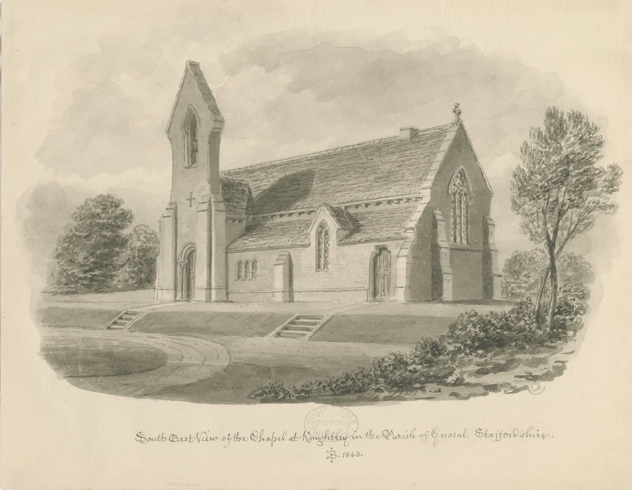 Knightley Chapel: sepiateckning av John Buckler