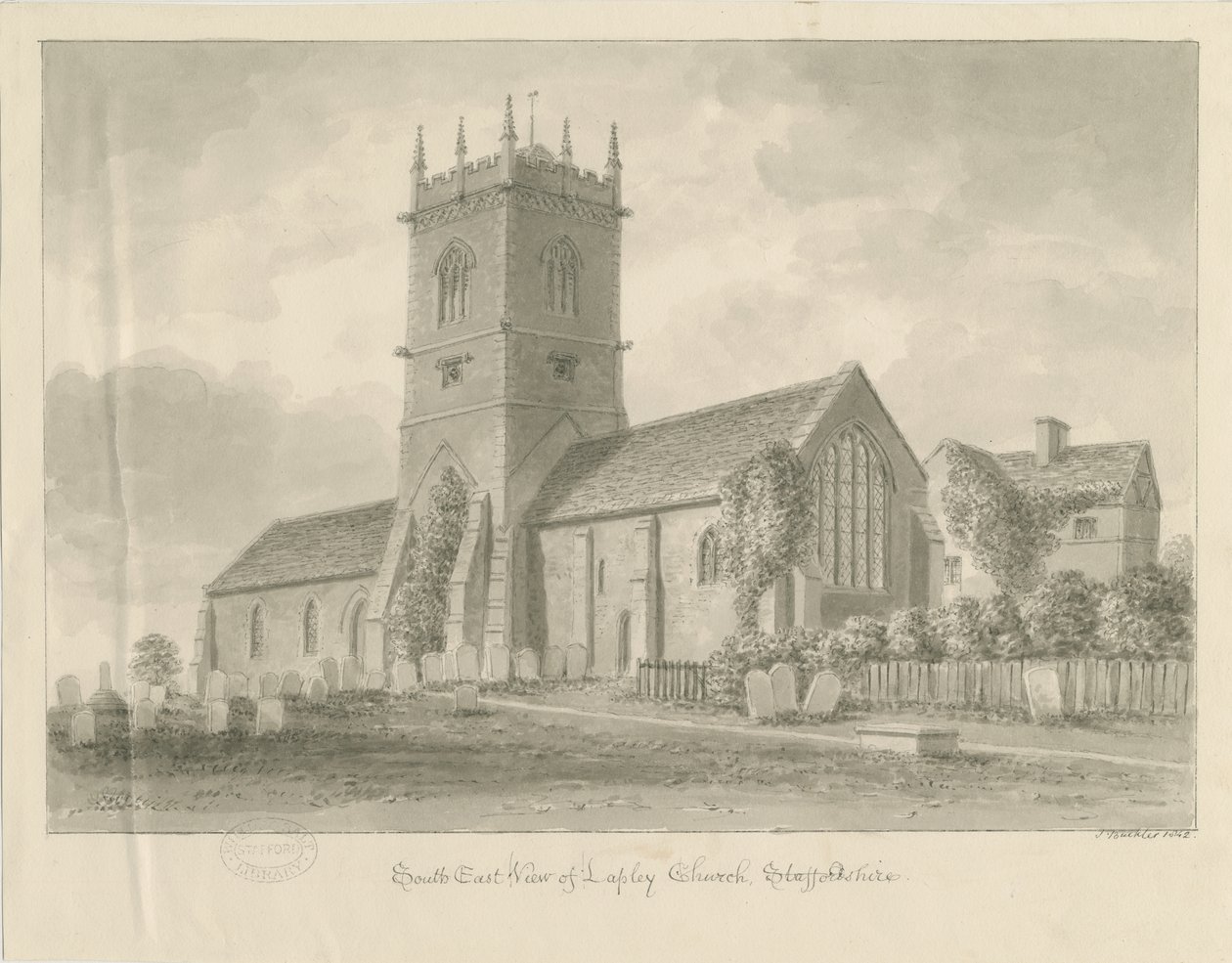 Lapley Church: sepiateckning av John Buckler