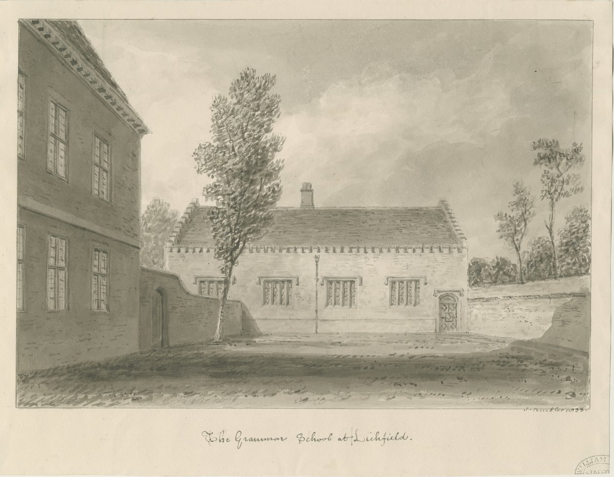 Lichfield - Grammar School: sepiateckning av John Buckler