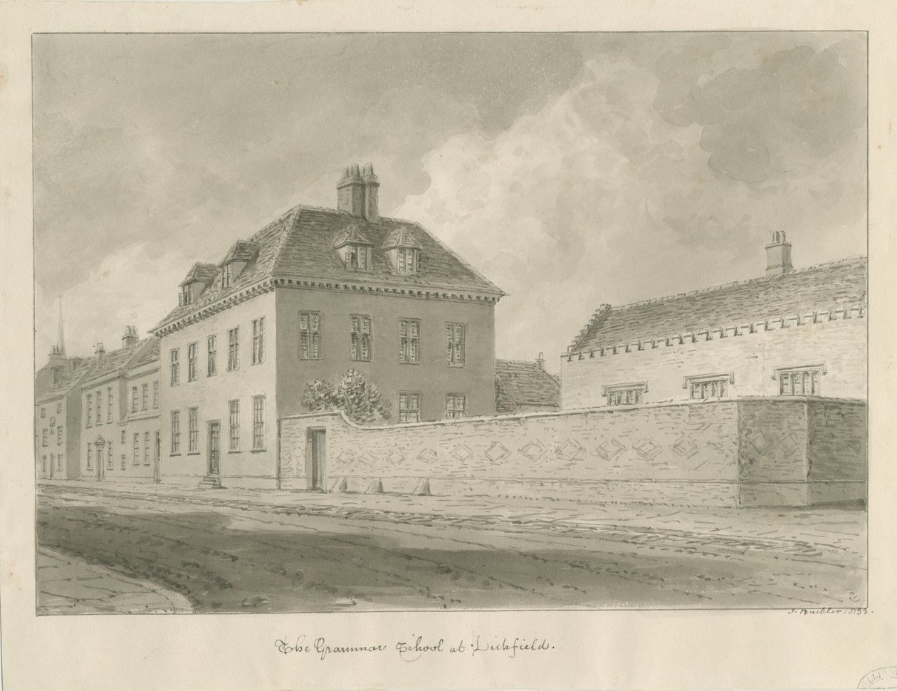 Lichfield - Grammar School: sepiateckning av John Buckler