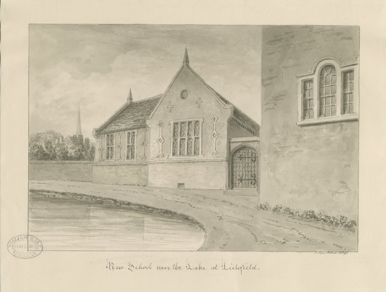 Lichfield - "New School": sepiateckning av John Buckler