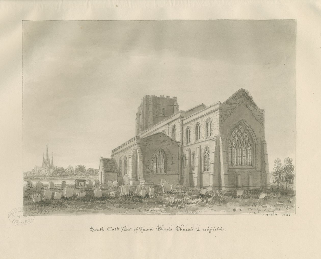 Lichfield - St. Tchads kyrka: sepiateckning av John Buckler