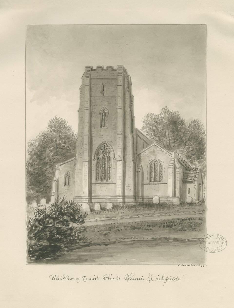 Lichfield - St. Tchads kyrka: sepiateckning av John Buckler