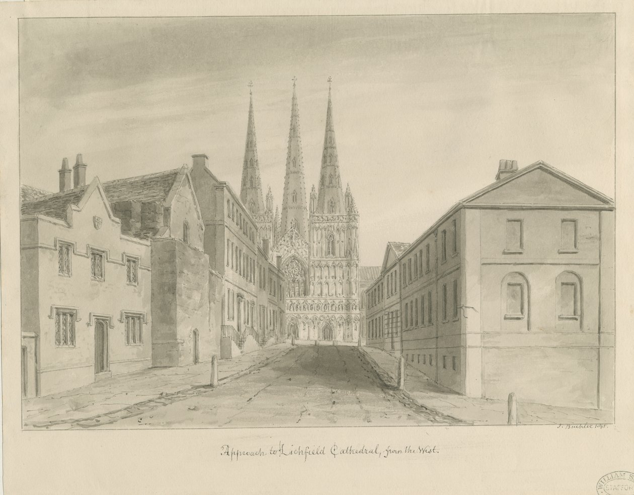 Lichfield Cathedral: sepiateckning av John Buckler