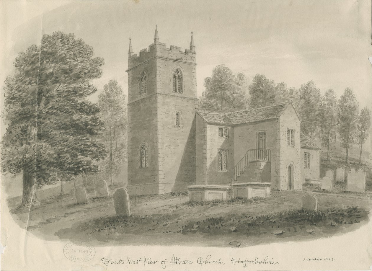 Maer Church: sepiatvättteckning av John Buckler