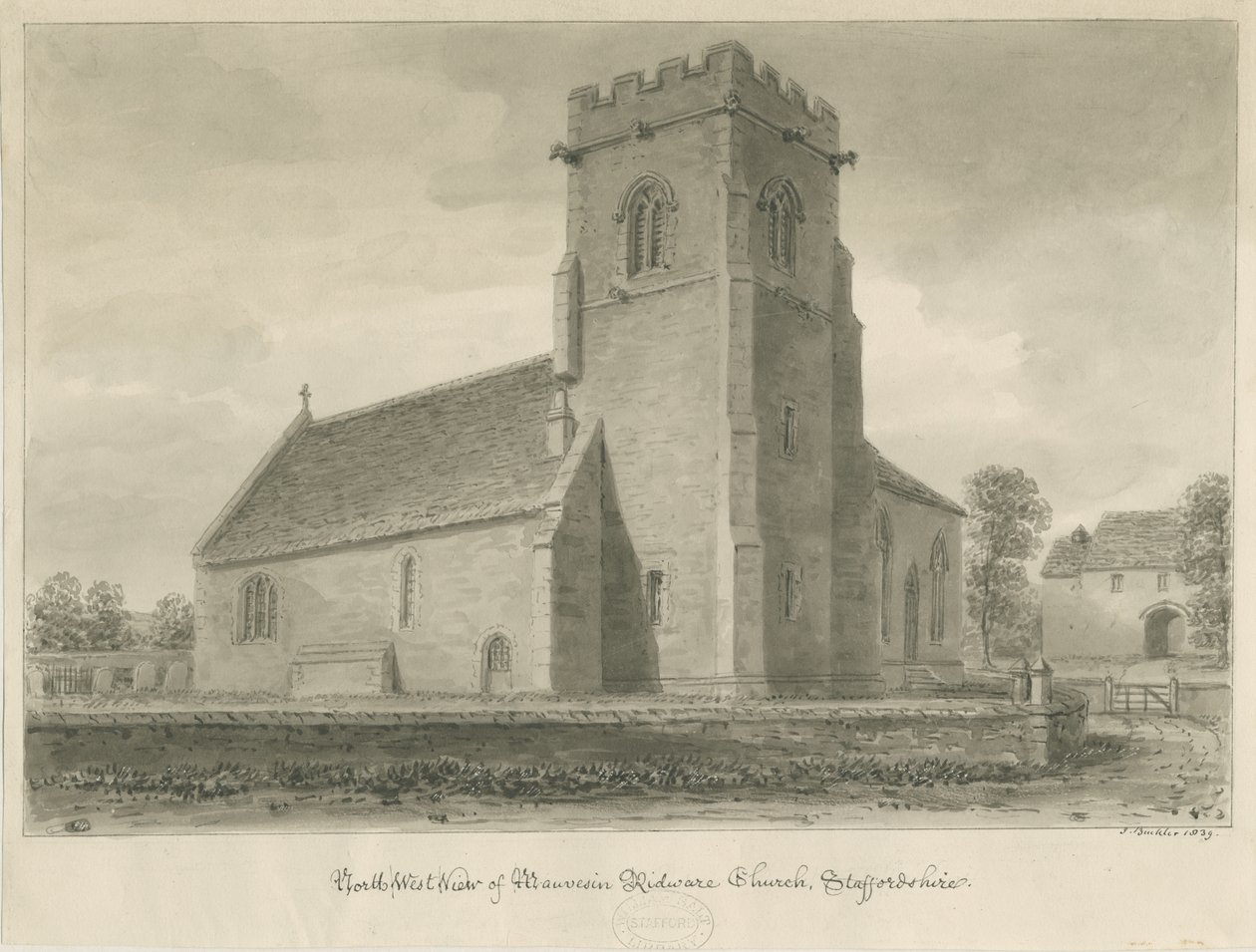 Mavesyn Ridware Church: sepiateckning, 1839 av John Buckler