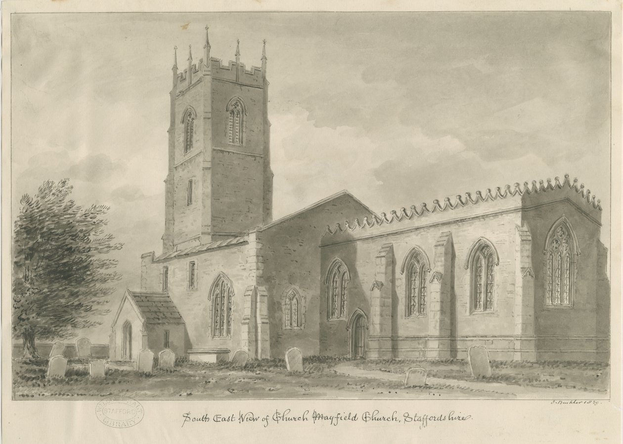 Mayfield Church: sepiateckning, 1839 av John Buckler