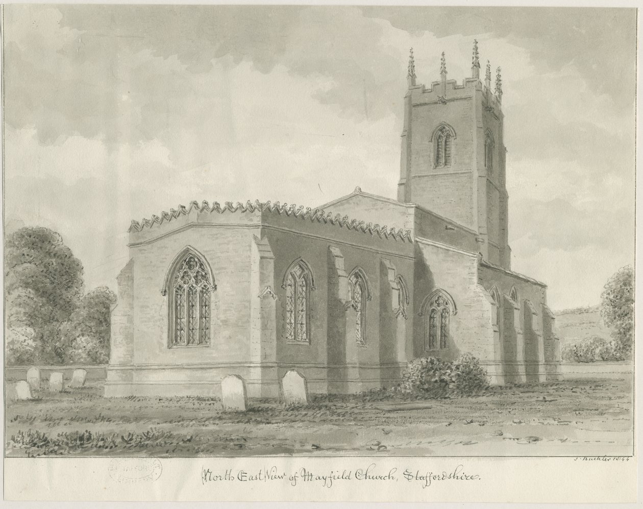 Mayfield Church: sepiateckning, 1844 av John Buckler