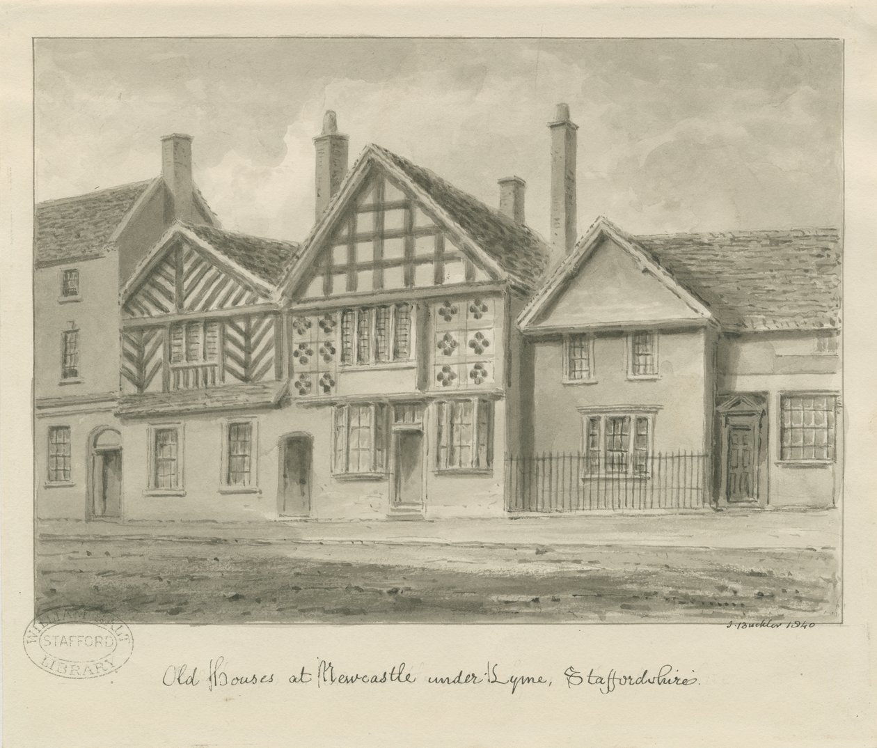 Newcastle-under-Lyme - Gamla hus: sepiateckning, 1840 av John Buckler