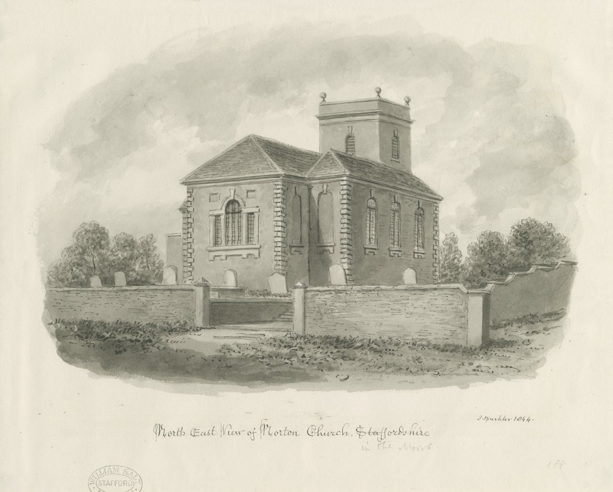 Norton-in-the-Moors-kyrkan: sepiatvättteckning av John Buckler