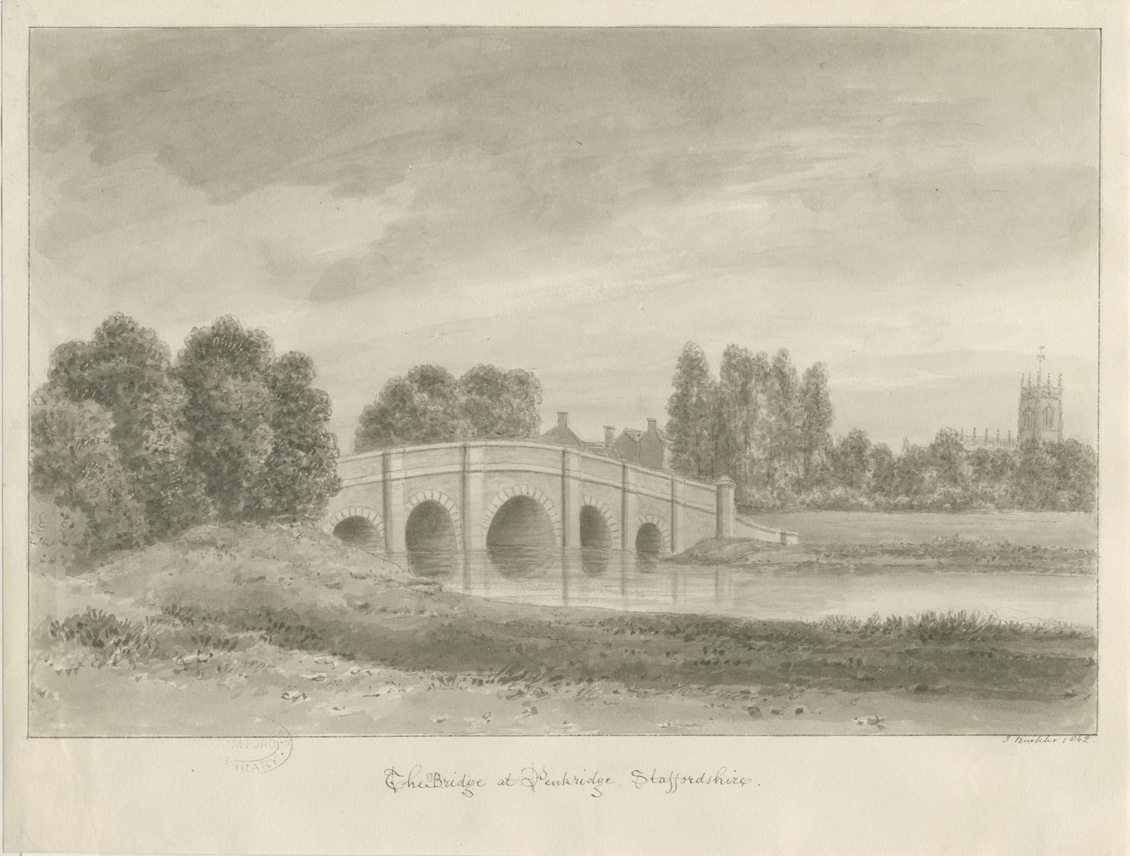 Penkridge Town - [Bull] Bridge: sepiateckning av John Buckler
