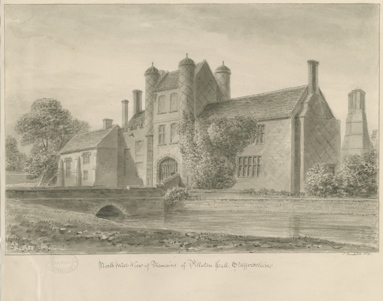 Pillaton Hall: sepiateckning, 1841 av John Buckler
