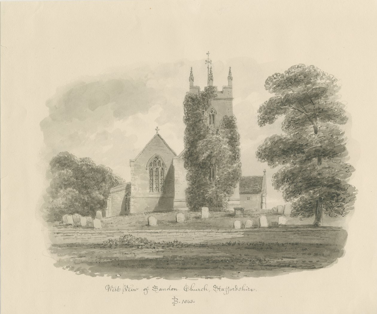 Sandon Church: sepiateckning, 1843 av John Buckler