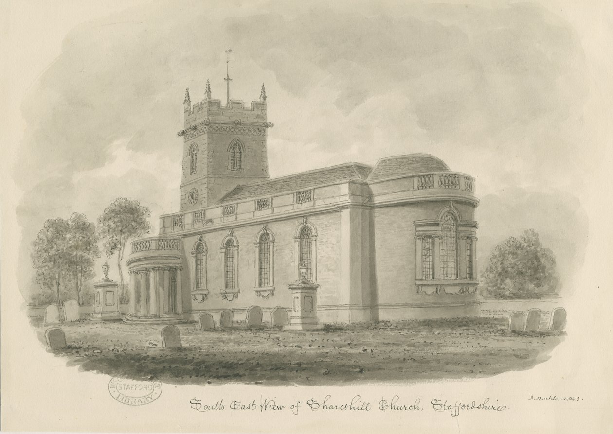 Shareshill Church: sepiateckning, 1843 av John Buckler