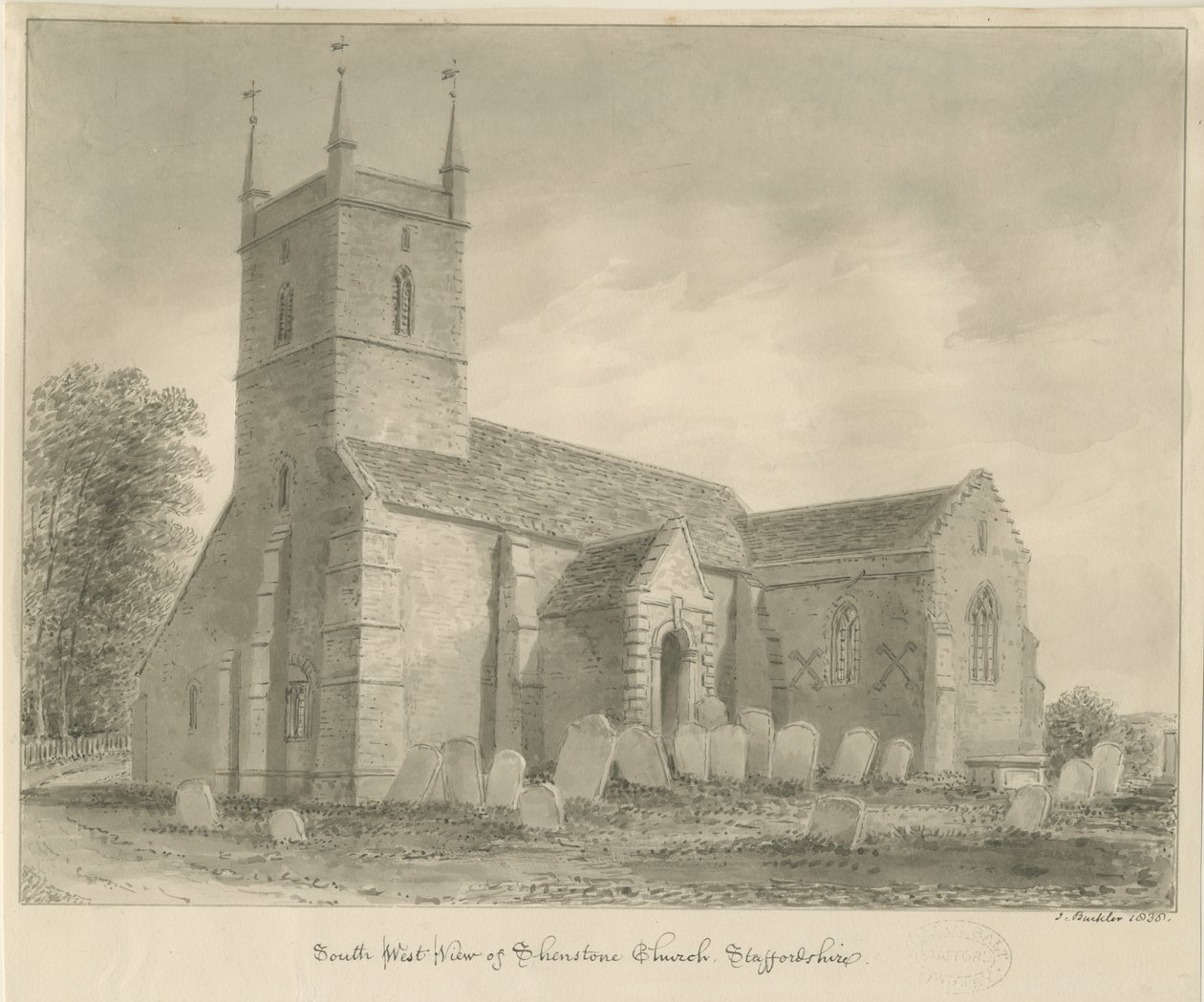 Shenstone Church: sepiateckning av John Buckler