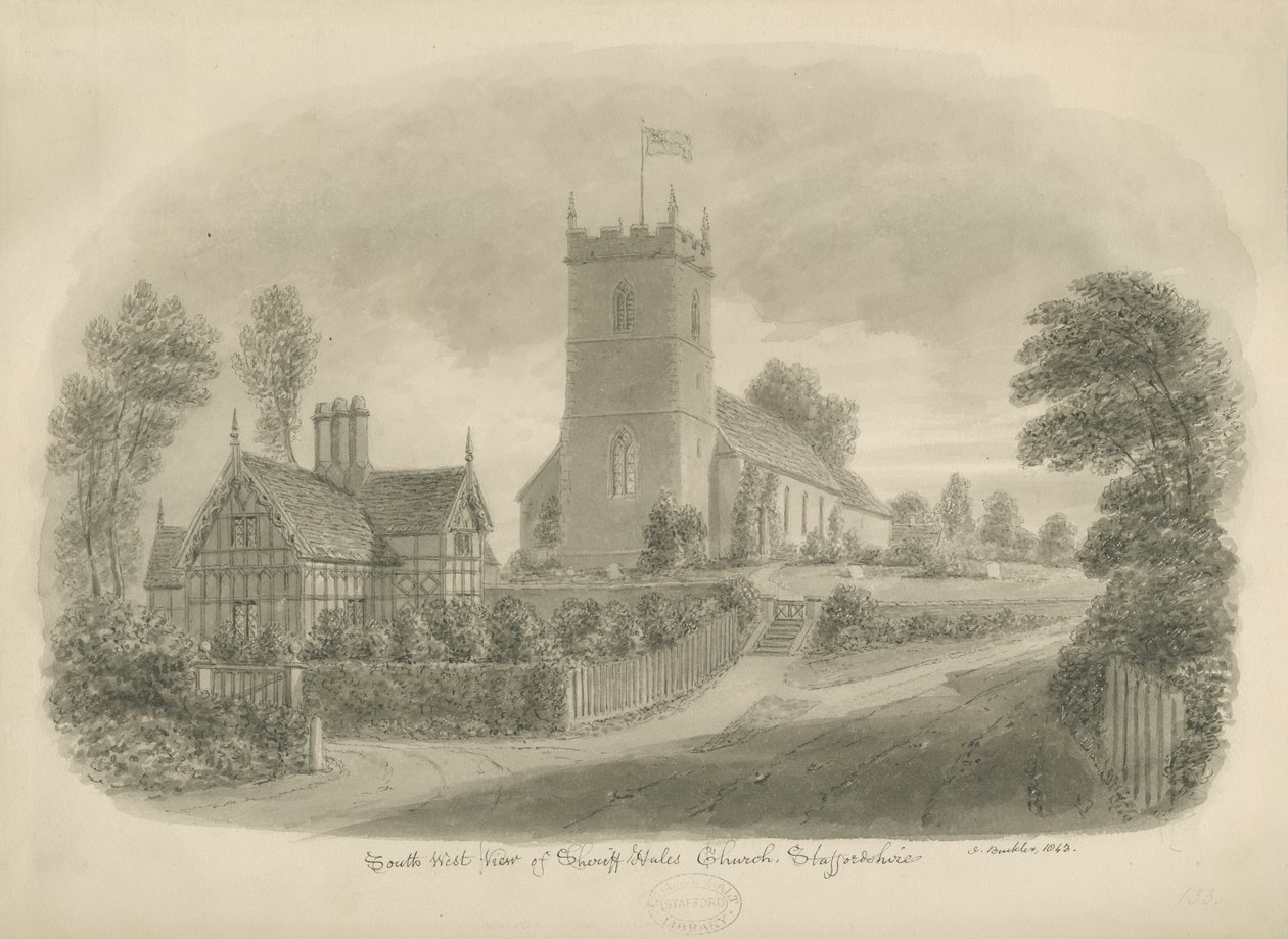 Sheriffhales Church: sepiateckning av John Buckler