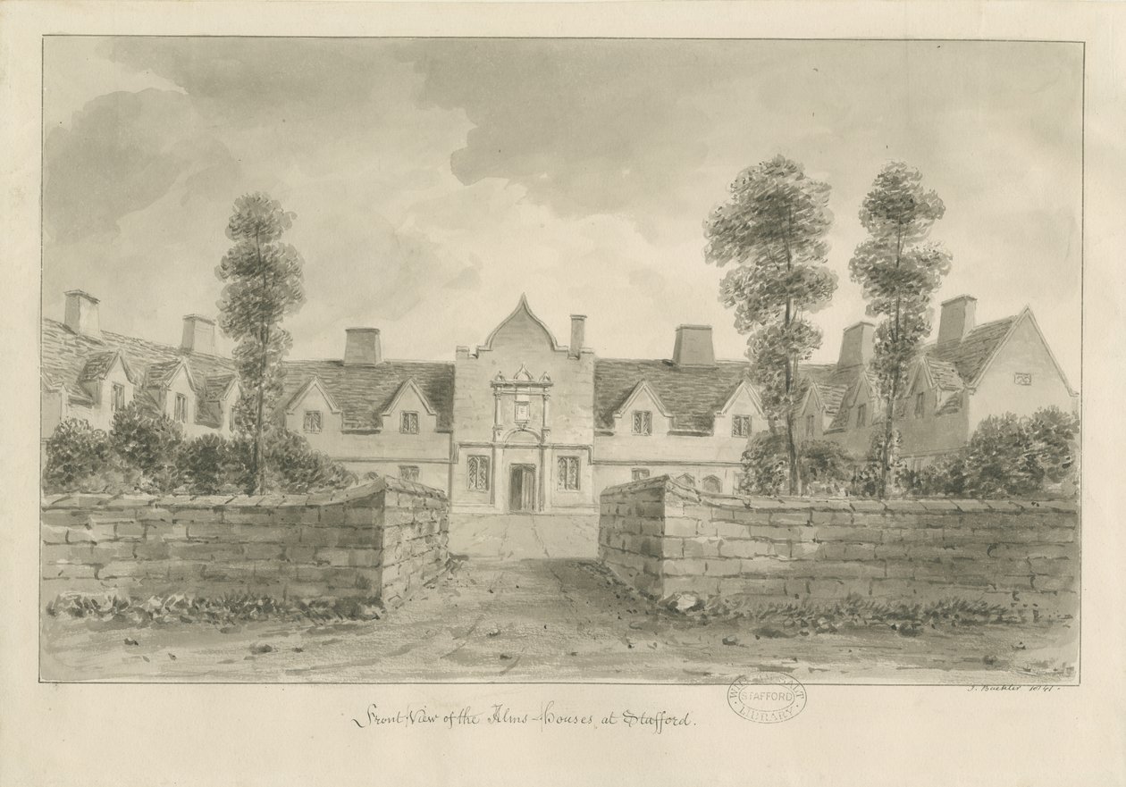 Stafford - Alms Houses: sepiateckning av John Buckler