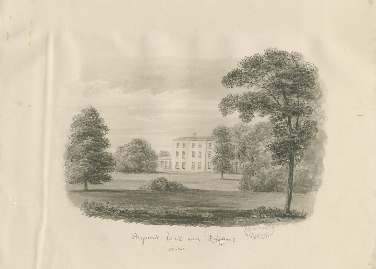 Stafford - Cresswell Hall: sepiateckning av John Buckler