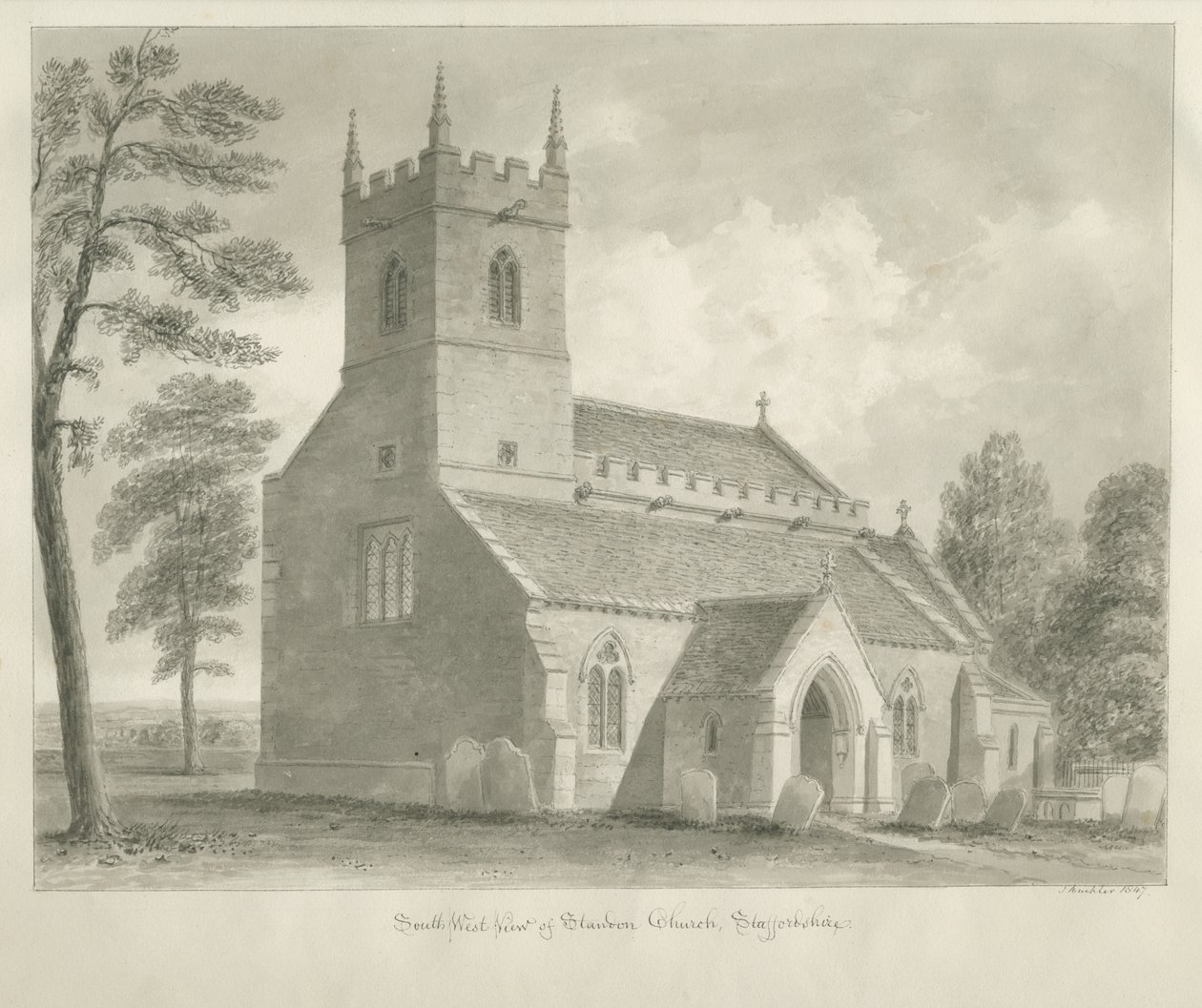 Standon Church: sepiateckning av John Buckler