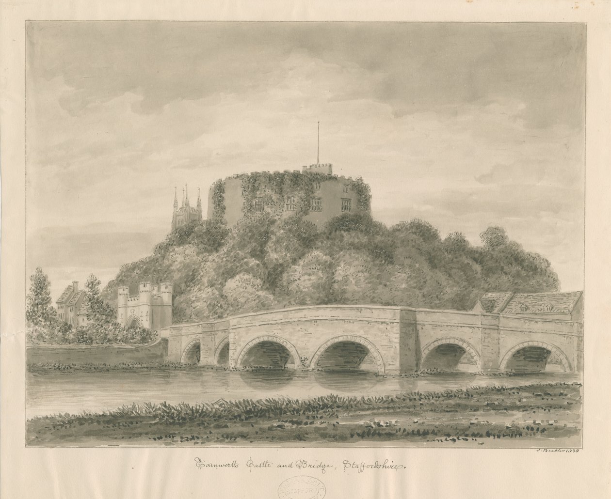 Tamworth Castle and Bridge: sepiateckning av John Buckler