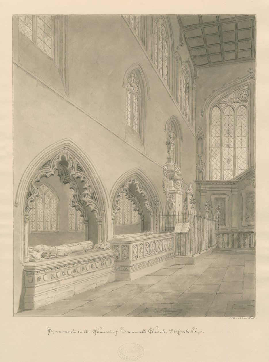 Tamworth Church - Monument: sepiateckning av John Buckler