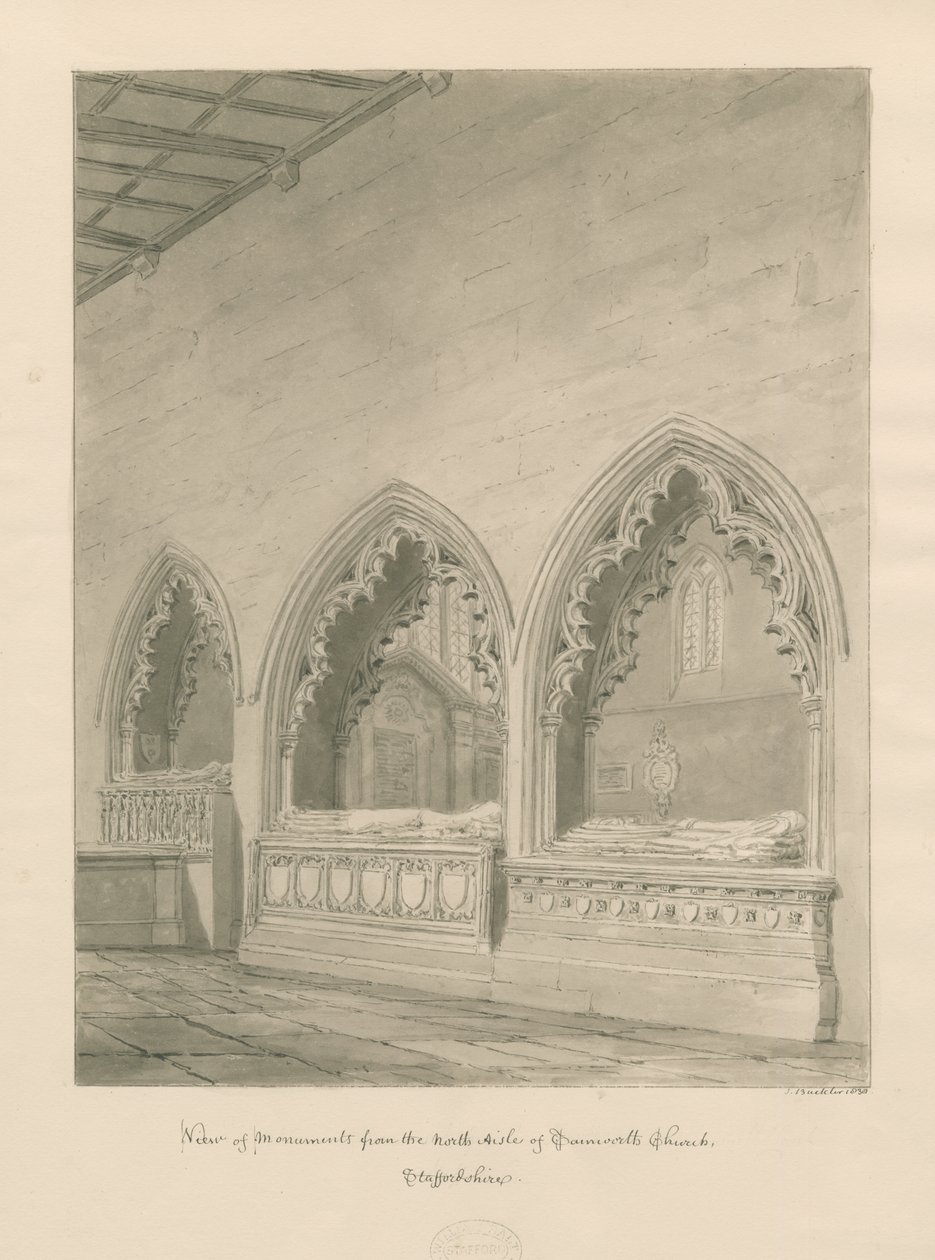 Tamworth Church - Monument: sepiateckning av John Buckler