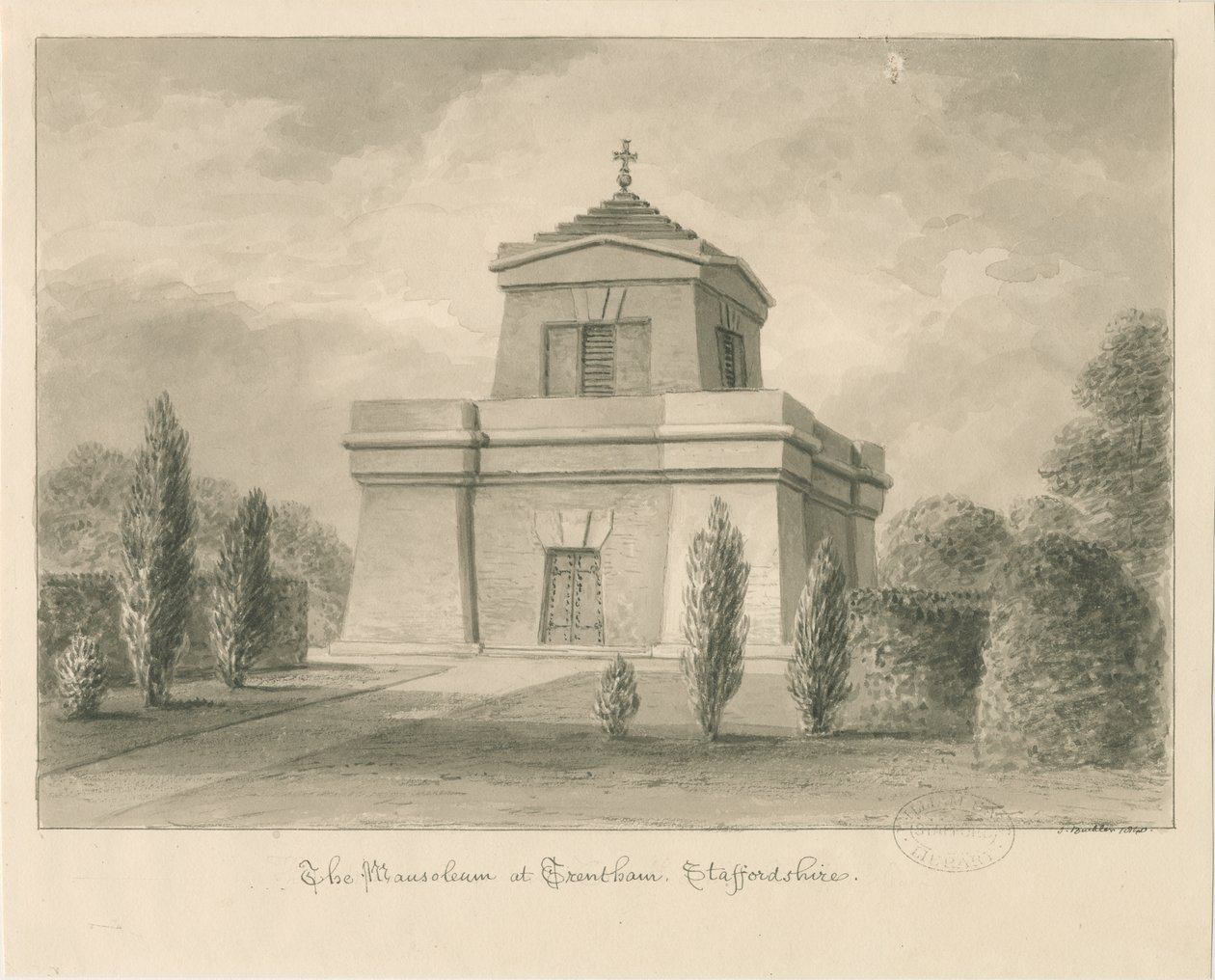 Trentham - Mausoleet: sepiateckning av John Buckler